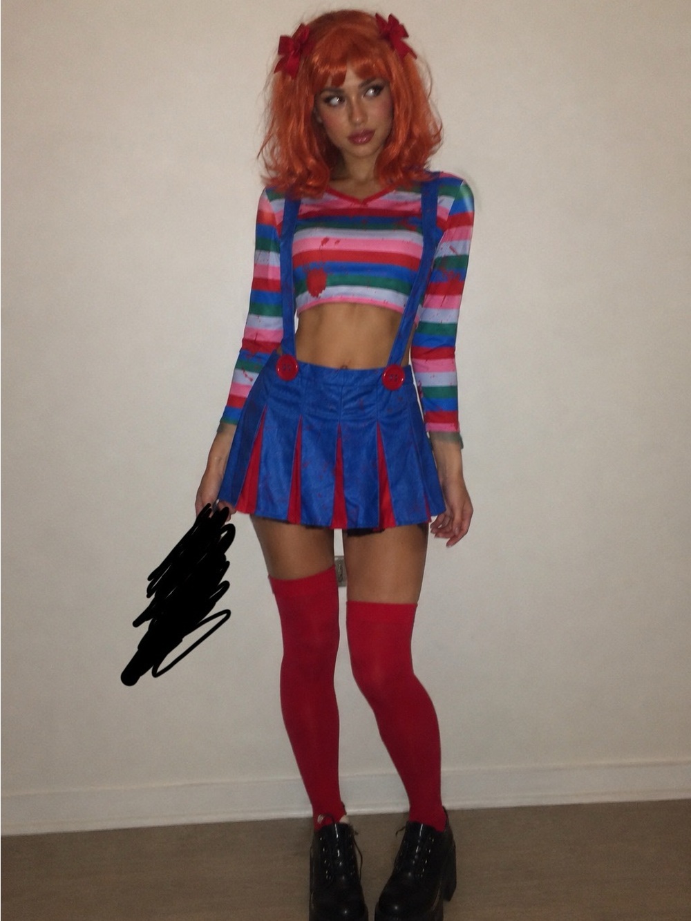 Dolls Kill Blue Pleated Suspender Mini Skirt with Red Panels
